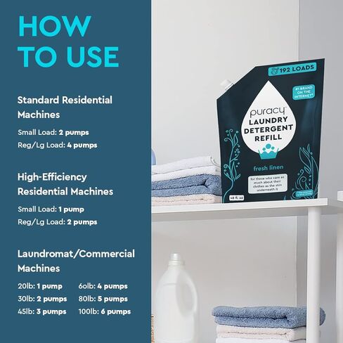 Puracy Liquid Enzyme Laundry Detergent Refill-1,4 Dioxane Free, Natural, Scent-Free Gentle Laundry Detergent Liquid Concentrate Laundry Pouch with Stain Fighting Enzymes 192 Loads Fresh Linen, 48 oz in Saudi Arabia