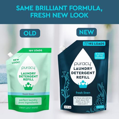 Puracy Liquid Enzyme Laundry Detergent Refill-1,4 Dioxane Free, Natural, Scent-Free Gentle Laundry Detergent Liquid Concentrate Laundry Pouch with Stain Fighting Enzymes 192 Loads Fresh Linen, 48 oz in Saudi Arabia