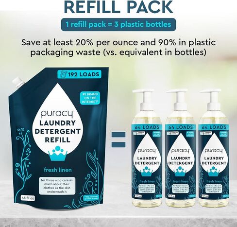 Puracy Liquid Enzyme Laundry Detergent Refill-1,4 Dioxane Free, Natural, Scent-Free Gentle Laundry Detergent Liquid Concentrate Laundry Pouch with Stain Fighting Enzymes 192 Loads Fresh Linen, 48 oz in Saudi Arabia