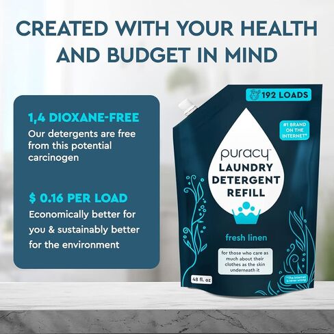 Puracy Liquid Enzyme Laundry Detergent Refill-1,4 Dioxane Free, Natural, Scent-Free Gentle Laundry Detergent Liquid Concentrate Laundry Pouch with Stain Fighting Enzymes 192 Loads Fresh Linen, 48 oz in Saudi Arabia
