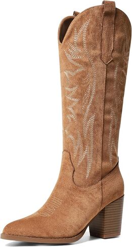 AOSPHIRAYLIAN Cowboy Boots for Women Pointed Toe Knee High Cowboy Boots Women Wide Calf Cowgirl Western Embroidery Pull On Chunky Block High Heels Boot in Saudi Arabia