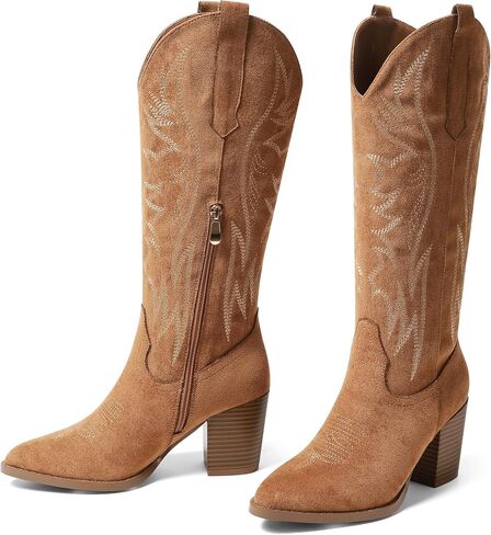 AOSPHIRAYLIAN Cowboy Boots for Women Pointed Toe Knee High Cowboy Boots Women Wide Calf Cowgirl Western Embroidery Pull On Chunky Block High Heels Boot in Saudi Arabia