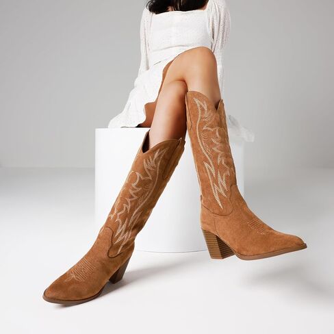AOSPHIRAYLIAN Cowboy Boots for Women Pointed Toe Knee High Cowboy Boots Women Wide Calf Cowgirl Western Embroidery Pull On Chunky Block High Heels Boot in Saudi Arabia