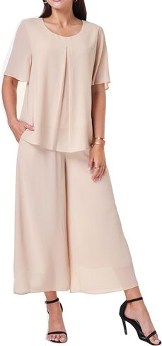 Women's Chiffon Summer 2 Piece Outfits Suit Blouse Top Capri Wide Leg Dress Casual Business Pants Sets in Saudi Arabia