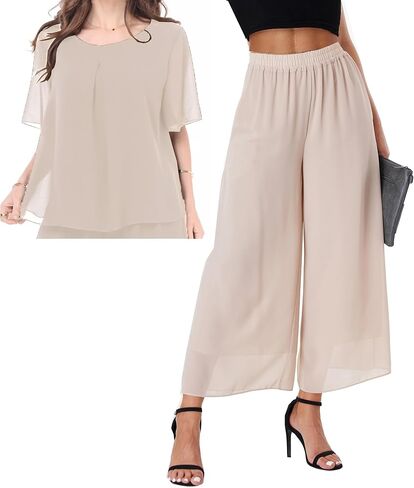 Women's Chiffon Summer 2 Piece Outfits Suit Blouse Top Capri Wide Leg Dress Casual Business Pants Sets in Saudi Arabia