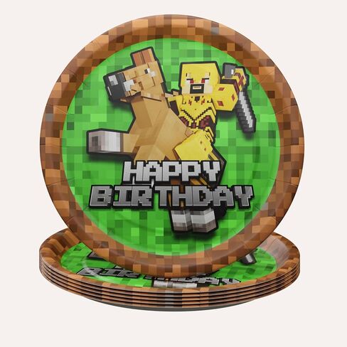 Blue Orchards Pixel Miner Dinner Plates (Pack of 20) - Video Game Party Supplies, Video Game Birthday Decorations, Mining Craft Party, Pixel Miner Party, Video Game Birthday Party in Kuwait