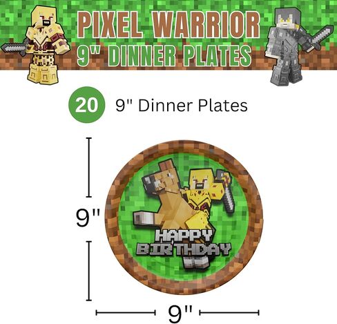 Blue Orchards Pixel Miner Dinner Plates (Pack of 20) - Video Game Party Supplies, Video Game Birthday Decorations, Mining Craft Party, Pixel Miner Party, Video Game Birthday Party in Kuwait