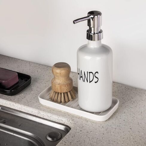 Nucookery 7" Ceramic Dish Soap Dispenser for Kitchen Sink Tray, Sponge Holder Non Slip White Vanity Tray for Bathroom in Kuwait