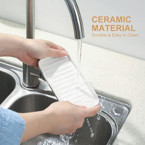 Nucookery 7" Ceramic Dish Soap Dispenser for Kitchen Sink Tray, Sponge Holder Non Slip White Vanity Tray for Bathroom in Kuwait