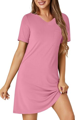 KIFOVEN Women’s Nightgown Short Sleeve Nightdress Sleepshirt V Neck Sleepwear Pajamas Dress with Pocket in Saudi Arabia