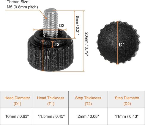 HARFINGTON 10pcs Knurled Clamping Knobs Thumb Screws M5 x 8mm Metric Male Thread 16mm Matte Plastic Head 304 Stainless Steel Stud Hand Threaded Knob Thumbscrew Handle, Black in Saudi Arabia
