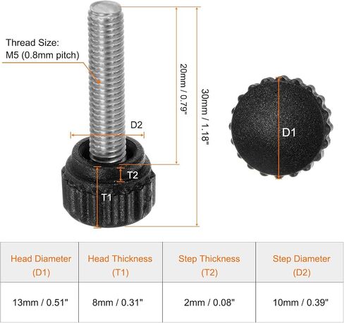 HARFINGTON 20 قطعة مقابض تثبيت مخرشة مسامير إبهام M5 × 12 مم متري خيط ذكر 13 مم رأس بلاستيكي غير لامع 304 مسمار من الفولاذ المقاوم للصدأ مقبض يدوي ملولب مقبض إبهام، أسود in Saudi Arabia
