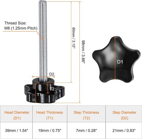 HARFINGTON 4pcs Star Clamping Knobs M8 x 80mm Metric Male Thread 39mm Large Plastic 5-Star Head Hand Tightening Thumb Screw Jig Knob Handle, Black in Saudi Arabia