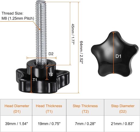 HARFINGTON 4pcs Star Clamping Knobs M8 x 80mm Metric Male Thread 39mm Large Plastic 5-Star Head Hand Tightening Thumb Screw Jig Knob Handle, Black in Saudi Arabia