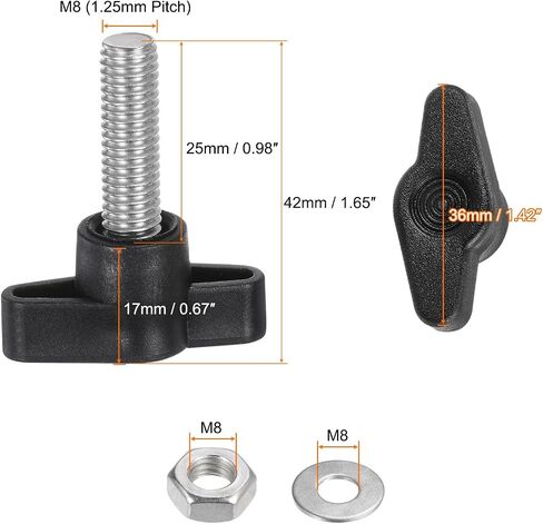HARFINGTON 8pcs Tee Wing Knobs M8 x 25mm Metric 304 Stainless Steel Threaded Stud 36mm Z/T Head Plastic Handles Thumb Screws Hand Clamping Knob Grip Thumbscrew with Nuts Washers, Black in Saudi Arabia
