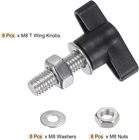 HARFINGTON 8pcs Tee Wing Knobs M8 x 25mm Metric 304 Stainless Steel Threaded Stud 36mm Z/T Head Plastic Handles Thumb Screws Hand Clamping Knob Grip Thumbscrew with Nuts Washers, Black in Saudi Arabia