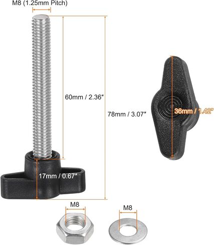 HARFINGTON 8pcs Tee Wing Knobs M8 x 25mm Metric 304 Stainless Steel Threaded Stud 36mm Z/T Head Plastic Handles Thumb Screws Hand Clamping Knob Grip Thumbscrew with Nuts Washers, Black in Saudi Arabia