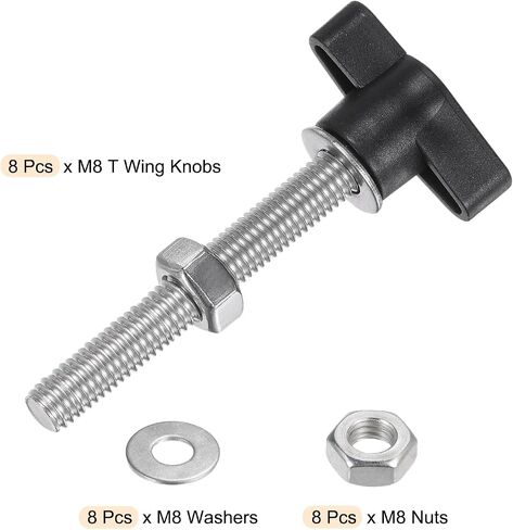HARFINGTON 8pcs Tee Wing Knobs M8 x 25mm Metric 304 Stainless Steel Threaded Stud 36mm Z/T Head Plastic Handles Thumb Screws Hand Clamping Knob Grip Thumbscrew with Nuts Washers, Black in Saudi Arabia