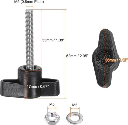 HARFINGTON 8pcs Tee Wing Knobs M8 x 25mm Metric 304 Stainless Steel Threaded Stud 36mm Z/T Head Plastic Handles Thumb Screws Hand Clamping Knob Grip Thumbscrew with Nuts Washers, Black in Saudi Arabia