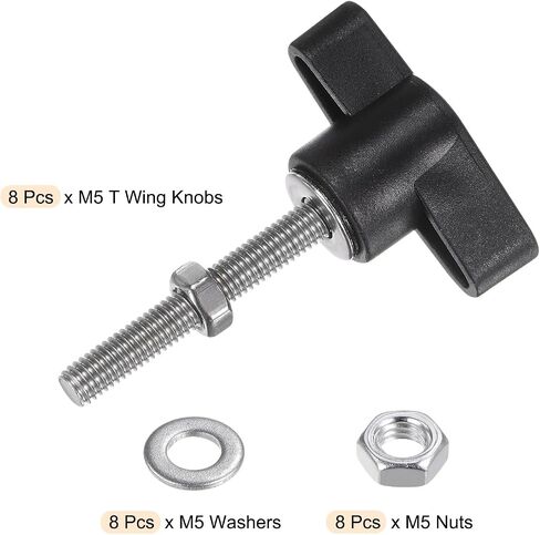 HARFINGTON 8pcs Tee Wing Knobs M8 x 25mm Metric 304 Stainless Steel Threaded Stud 36mm Z/T Head Plastic Handles Thumb Screws Hand Clamping Knob Grip Thumbscrew with Nuts Washers, Black in Saudi Arabia