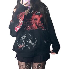 Meiweileya Women's Y2k Grunge Skull Graphic Zip Up Hoodies Emo Goth Skeleton Jacket Long Sleeve