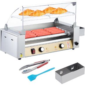 Hot Dog Roller - Sausage Grill Cooker Machine, Stainless Steel Hotdog Roller Grill and Bun Warmer With Glass Cover & Removable Drip Tray, Dual Temp Control, for Commercial Household (11 Roller 1650W)