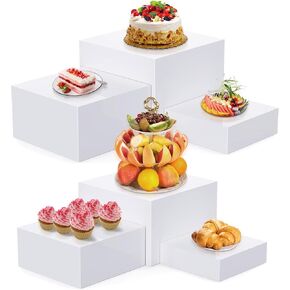 Buffet Risers, Food Risers for Buffet Table, Display Stand Shelf for Catering Dessert Collectibles Jewelry Figures Show, Acrylic Cube Display Nesting Risers with Hollow Bottoms 6PCS White