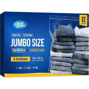 12 Large Plastic Bags With Zipper Top - 5 Gallon Bags 18" x 24", Extra Large Storage Bags for Clothes, Travel, Moving, Large Reusable freezer bags, BPA-Free, 2-mil Thick Clear Plastic Bags