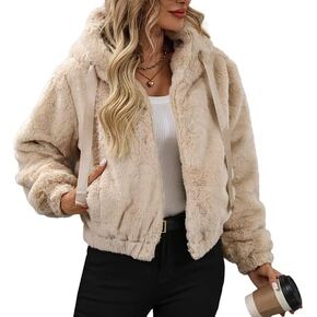 Women's Faux Fur Crop Coat Full Zip Fleece Sherpa Jacket with Hood