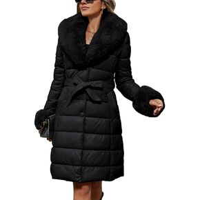 Bellivera Women's Winter Puffer Jacket Cold-Resistant Patchwork Plush Lining Coat with Removable Fur Collar Hooded and Belted