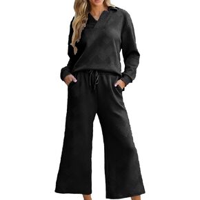 Zontroldy Women's 2 Piece Sets Fall Outfits Pollever Sweatshirt Wide Leg Pants Matching Set Tracksuit