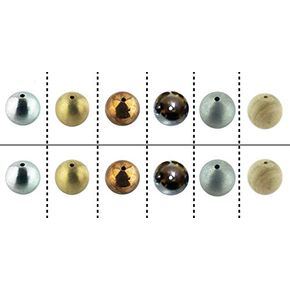 #42003-12 Physics Balls Set of 12 Each Drilled Balls 25mm with 3mm Center Hole and a Plastic Storage Container. The Set Includes 2 of Each Material Type; Aluminum, Brass, Copper,