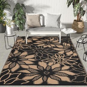 GENIMO Outdoor Rug Waterproof for Patios Clearance, 5' x 8' Reversible Plastic Straw Floral Camping Carpet, Large Area Rugs Mats for RV, Camper, Deck, Balcony, Porch, Beach, Picnic, Black & White