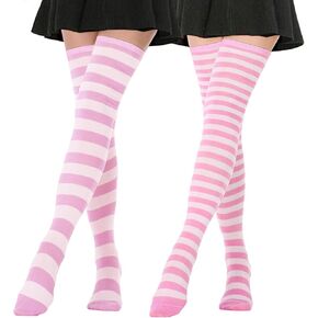 AQOKKA Extra Long Thigh High Socks Long Boot Stockings Striped Over Knee Socks for Women Cotton Leg Warmers 2 Pair