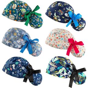 Scrub Caps Women Bouffant Scrub Hats Caps Nurses, Adjustable Working Cap Ponytail Pouch Tie Back Hats