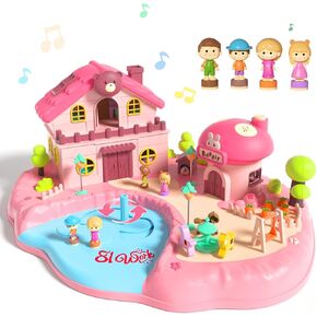 Magnetic Dollhouse Playset with Light, Music, 4 Toy Figures, Play Doll House Toys, Birthday for Kids Age 3 4 5 6 7 8 Years Old Girls