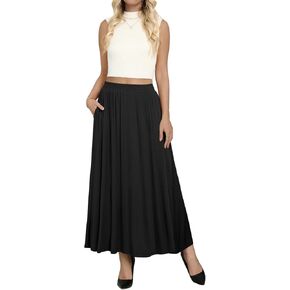 Women's Maxi Skirt Pleated Long Fall High Waisted Casual Skirts with Pockets