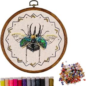Insect Bead Embroidery Kit,Hand Embroidery Starter Kits for Beginners Adults,Counted Stamped Cross Stitch Kit for Beginners Adults,Embroidery Needlepoint Kit with Insect Pattern,DIY Kits (D.)
