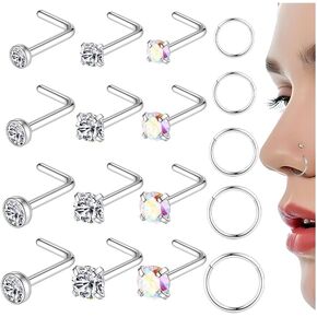 17Pcs 14K Gold Plated Nose Ring Studs 316L Surgical Steel Gold Nose Studs for Women Men 20G L Shaped CZ Nose Rings Stud 16G Nose Rings Hoops Set Hypoallergenic Nose/Body Piercing Jewelry