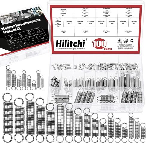 Hilitchi 100Pcs 25Sizes Extension Spring Assortment Kit Extension Spring Stainless Steel Springs Assorted Size Small Springs Compression Tension Springs for Repairs Maintenance in Saudi Arabia