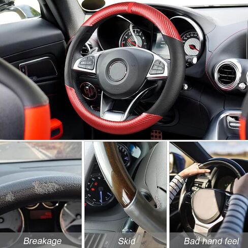 Carbon Fiber Car Steering Wheel Cover, 14.5-15 Inch Breathable Leather Vehicle Steel Wheel Protector, Anti-Slip & Elastic Auto Accessories for Men Women, Universal for Most Cars (Black) in Saudi Arabia