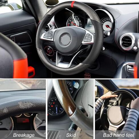 Carbon Fiber Car Steering Wheel Cover, 14.5-15 Inch Breathable Leather Vehicle Steel Wheel Protector, Anti-Slip & Elastic Auto Accessories for Men Women, Universal for Most Cars (Black) in Saudi Arabia