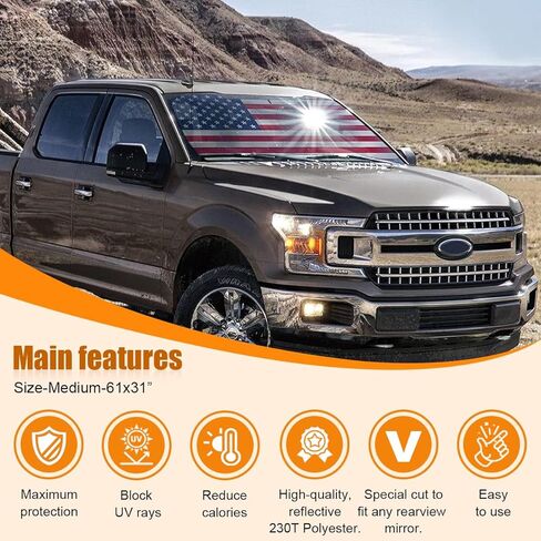 American Flag Car Windshield Sun Shade, Foldable Car Front Window Sunshade for Car SUV Truck, Auto Interior Sun Protection Cover, Blocks UV Rays & Keeps Your Vehicle Cool (USA Original Flag, X-Large) in Kuwait