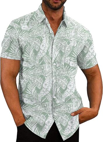 COOFANDY Men Boys Linen Shirts Short Sleeve Button Down Shirts Hawaiian Tropical Shirts in Kuwait
