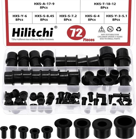 hilitchi 72pcs 9 أحجام الحلقات المطاطية السيليكون الأسود عدة T-نوع ثقب جروميت أسود سيليكون أعلى قبعة الحلقات المطاطية لثقب المقابس السيارات الأسلاك كابل جلبة سلك التوصيل in Saudi Arabia