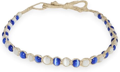 BlueRica Braided Hemp Cord Choker Necklace with Cat's Eye Beads (White) in Kuwait