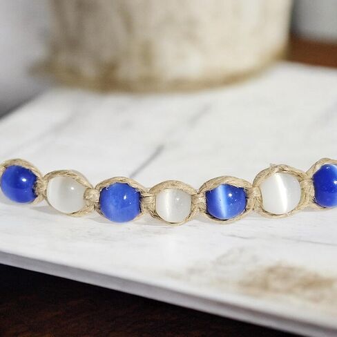 BlueRica Braided Hemp Cord Choker Necklace with Cat's Eye Beads (White) in Kuwait