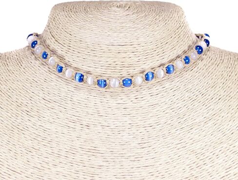 BlueRica Braided Hemp Cord Choker Necklace with Cat's Eye Beads (White) in Kuwait