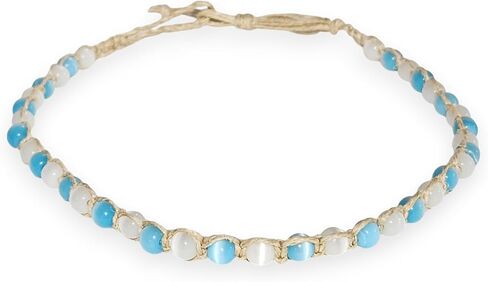 BlueRica Braided Hemp Cord Choker Necklace with Cat's Eye Beads (White) in Kuwait