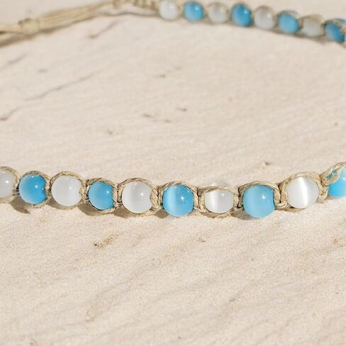 BlueRica Braided Hemp Cord Choker Necklace with Cat's Eye Beads (White) in Kuwait